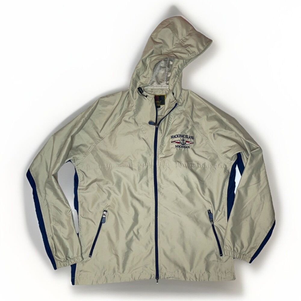 VTG BARU Mackinac Island Michigan Hoodie Windbreaker Full Zip Mens L Dark Beige